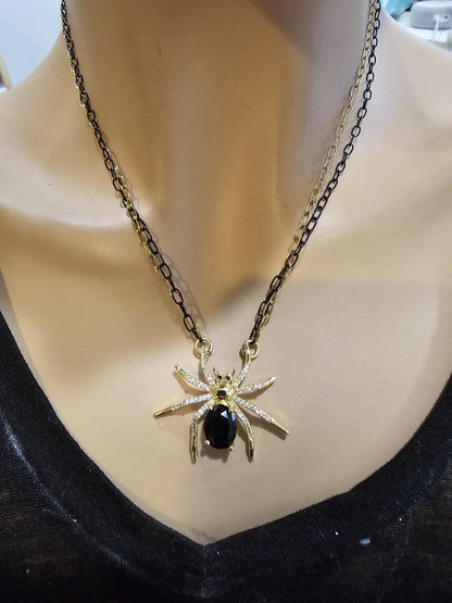 Black & Gold Spider Halloween Cubic Zirconia Goth Witchy Pendant Necklace | handmade Grunge Pagan Witch Aesthetic occult jewelry