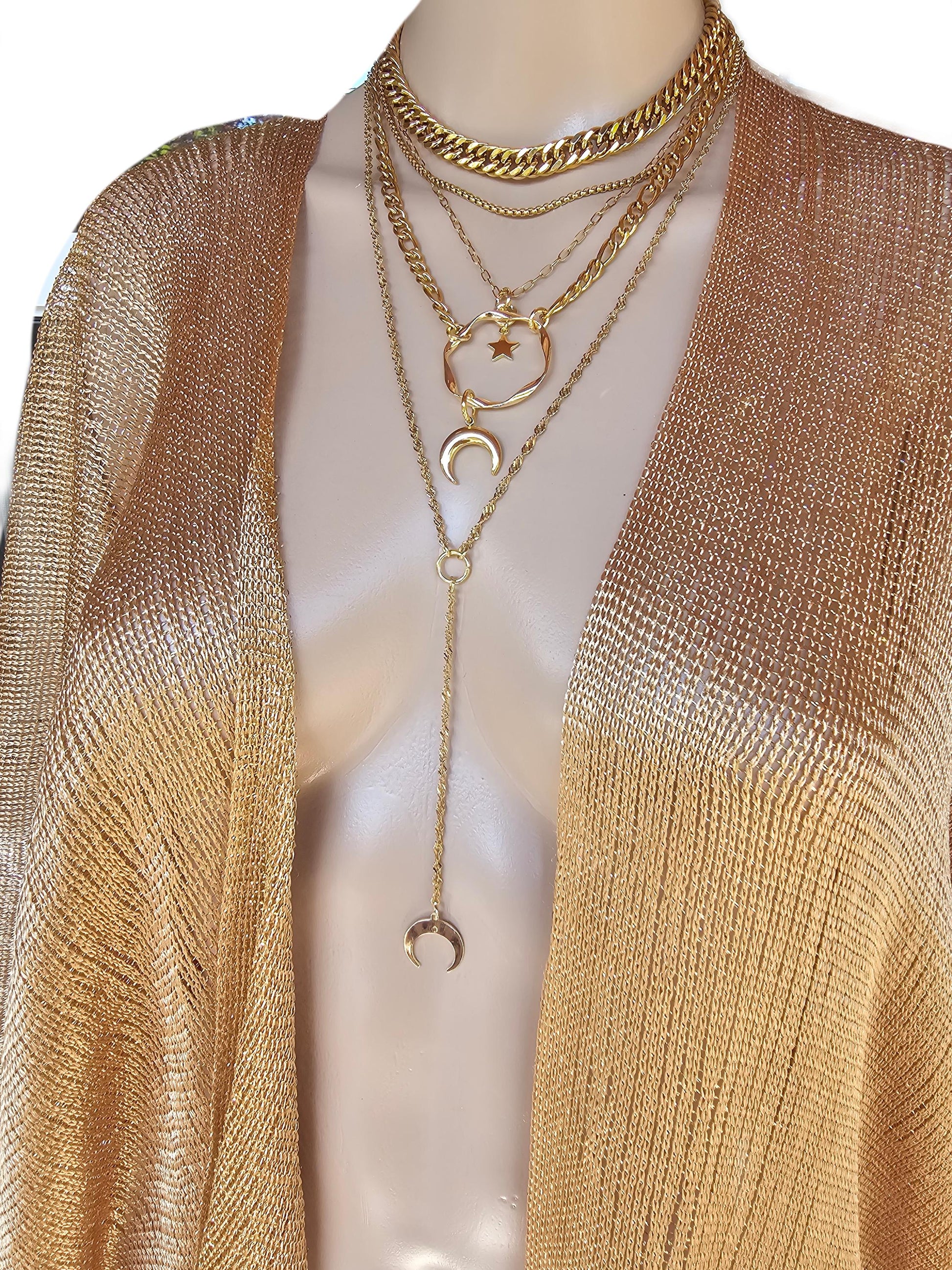 Gold Layered Horn Moon Multi Strand Chain Necklace Set | Handmade Pagan Jewelry gift for her, Witchy moon jewelry