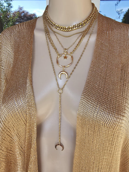 Gold Layered Horn Moon Multi Strand Chain Necklace Set | Handmade Pagan Jewelry gift for her, Witchy moon jewelry