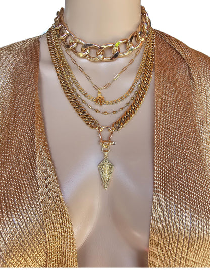 Gold Layered Multi Strand Chunky Chain Gothic Choker Collar Necklace Set -Handmade Alt Edgy statement aesthetic stacked jewelry gift for her