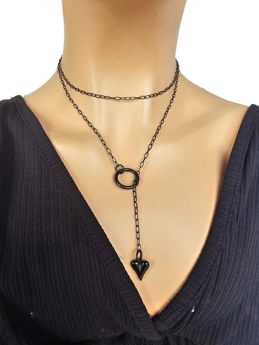 Black Steel Lariat Dainty Punk Choker Wrap Necklace with heart pendant | Pagan witch Aesthetic handmade minimalist jewelry gift for her