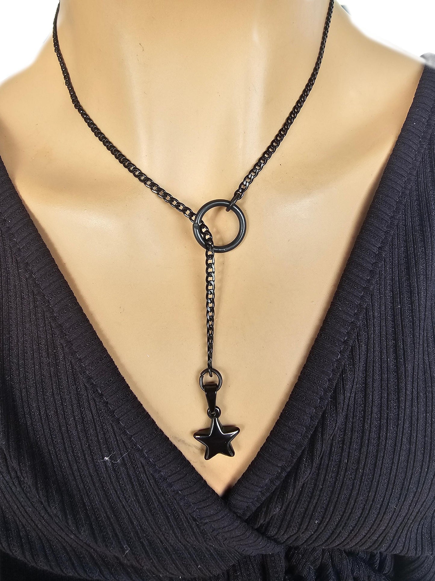 Black Steel Star Gothic Lariat Choker Wrap Necklace | Dark Academia and Grunge Pagan Witch Aesthetic statement handmade jewelry gift for her