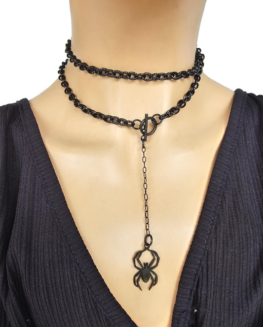 Black Steel Spider Halloween Gothic Choker Wrap Necklace | handmade Goth Grunge Pagan Witch Aesthetic occult jewelry, Dark Academia