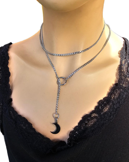 Steel Moon Gothic Lariat Choker Wrap Layer Necklace | Dark Academia and Grunge Pagan Witch Aesthetic statement handmade jewelry gift for her