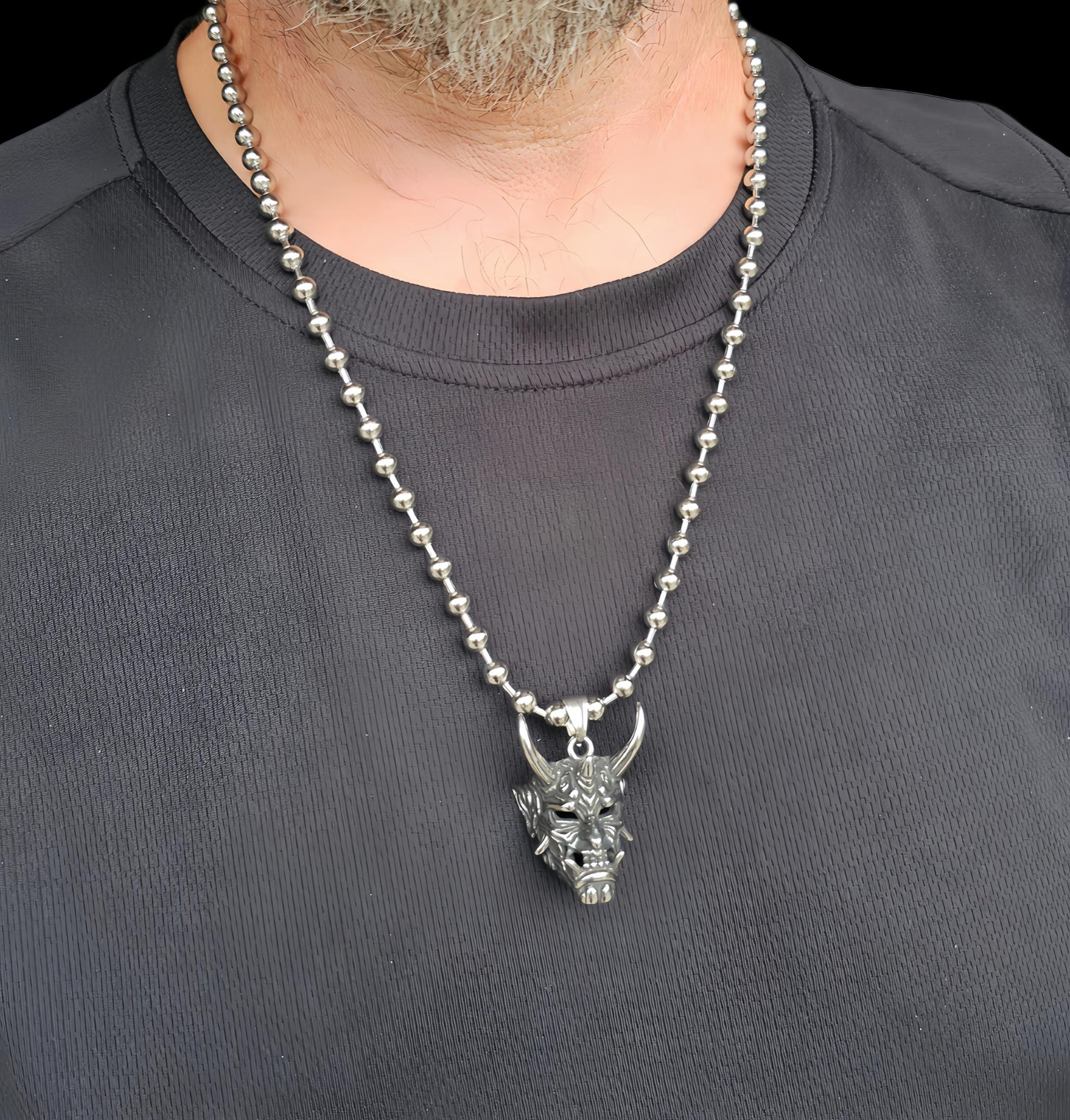 Mens Steel Norse Viking Oni Devil Gothic Punk Grunge Necklace - Handmade Goth Alt sweatproof waterproof hip hop necklace gift for him