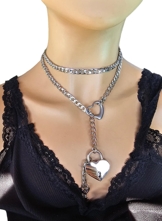 Steel Slip Chain Heart Padlock Lariat Collar Choker Layered Necklace | Handmade BDSM aesthetic jewelry gift for her, bondage style locking