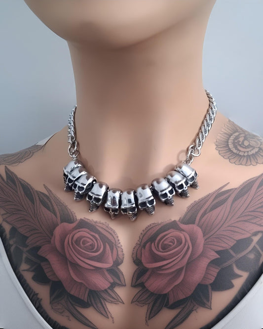 Steel Goth Alt Punk Skull Bead Collar Choker Necklace | handmade jewelry fidget necklace gift for him or her, mens necklace