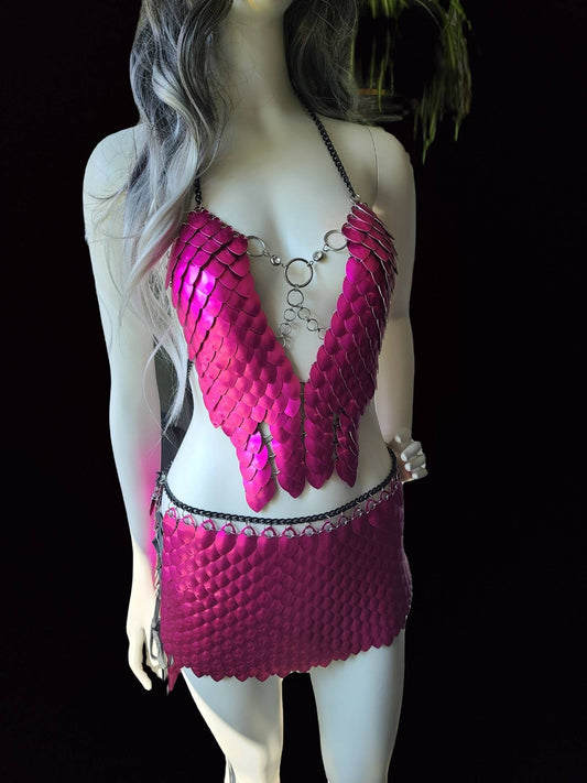 Halloween Metal Pink Festival Outfit Scalemail Corset Top, or Rave Viking, Dragon, Fairy Cosplay Costume, - QUALITY MADE in CANADA