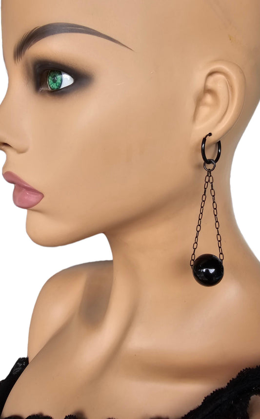 Goth Wrecking Ball Black Steel Punk Hug Hoop Dangle Earrings, handmade unusual unique Occult weird Gothic grunge earrings jewelry