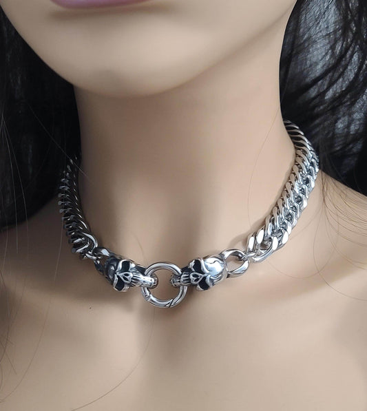 Skull Clasp Steel Chunky Chain Goth Punk Choker Necklace | Norse Viking necklace gift for him, goth grunge jewelry style heavy metal hip hop