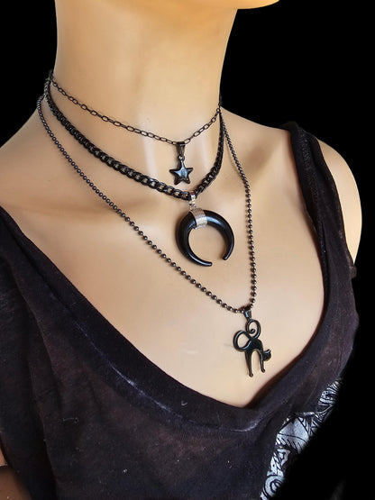 Black Steel Cat Horn Moon Star Pagan Witch Goth Punk Layered Necklace Set | Dark Academia Aesthetic Halloween Witchy jewelry gift for her,