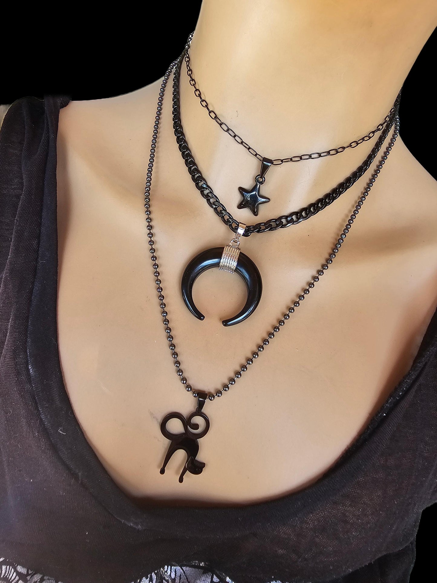 Black Steel Cat Horn Moon Star Pagan Witch Goth Punk Layered Necklace Set | Dark Academia Aesthetic Halloween Witchy jewelry gift for her,