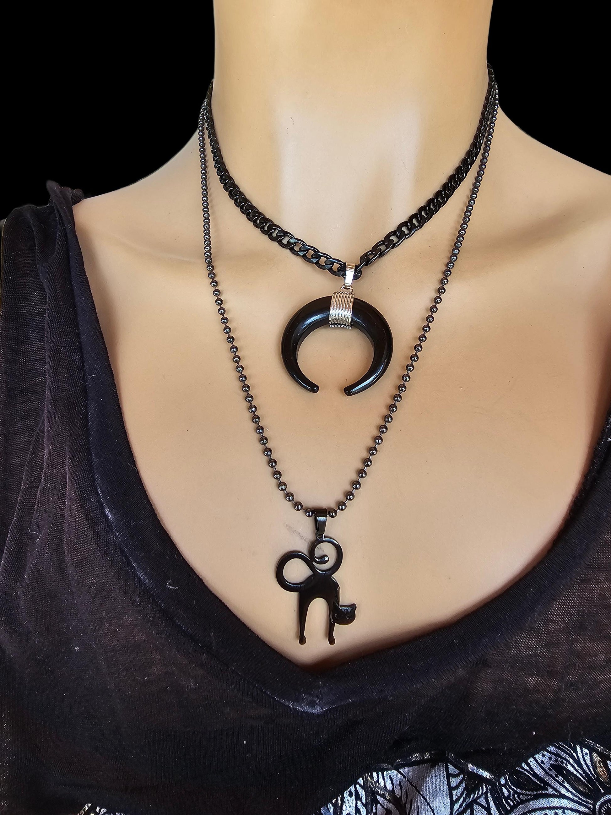 Black Steel Cat Horn Moon Star Pagan Witch Goth Punk Layered Necklace Set | Dark Academia Aesthetic Halloween Witchy jewelry gift for her,