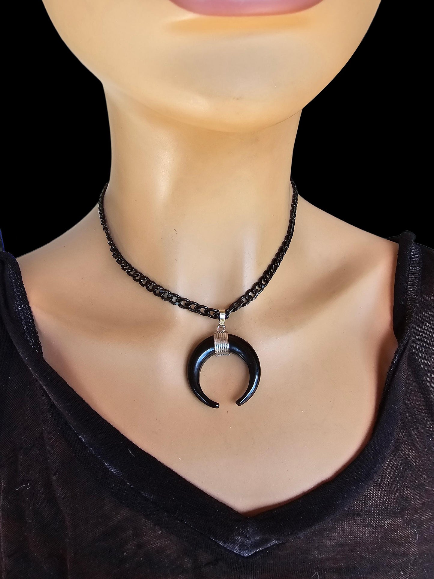 Black Steel Cat Horn Moon Star Pagan Witch Goth Punk Layered Necklace Set | Dark Academia Aesthetic Halloween Witchy jewelry gift for her,