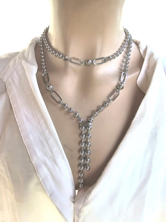 Statement Goth Punk Choker Steel Lariat Layered Multi Strand Necklace | Dark Academia Aesthetic ball chain handmade jewelry goth grunge