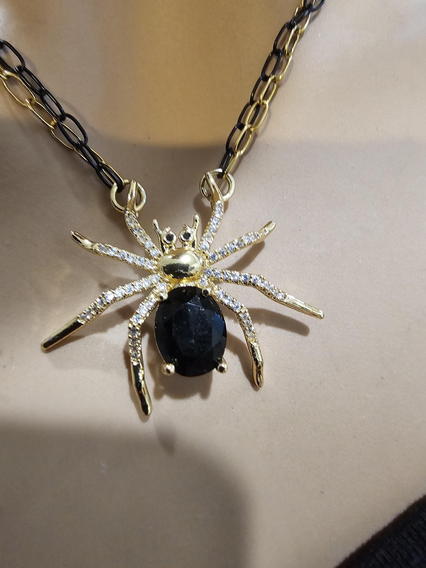 Black & Gold Spider Halloween Cubic Zirconia Goth Witchy Pendant Necklace | handmade Grunge Pagan Witch Aesthetic occult jewelry