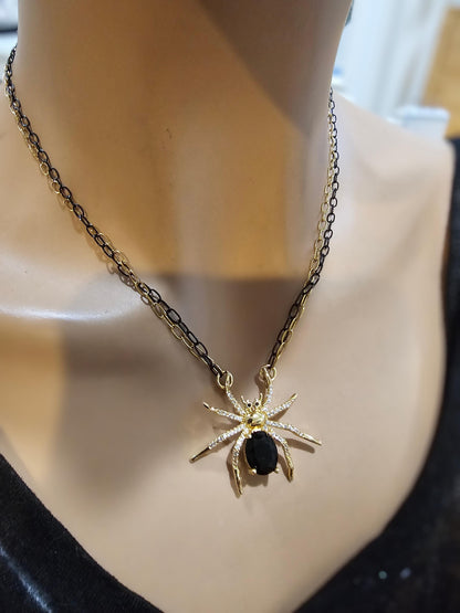 Black & Gold Spider Halloween Cubic Zirconia Goth Witchy Pendant Necklace | handmade Grunge Pagan Witch Aesthetic occult jewelry