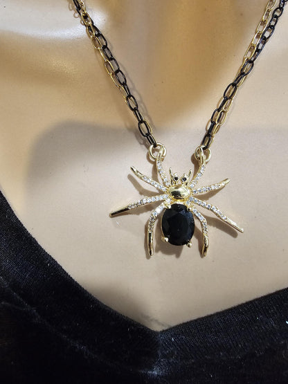 Black & Gold Spider Halloween Cubic Zirconia Goth Witchy Pendant Necklace | handmade Grunge Pagan Witch Aesthetic occult jewelry