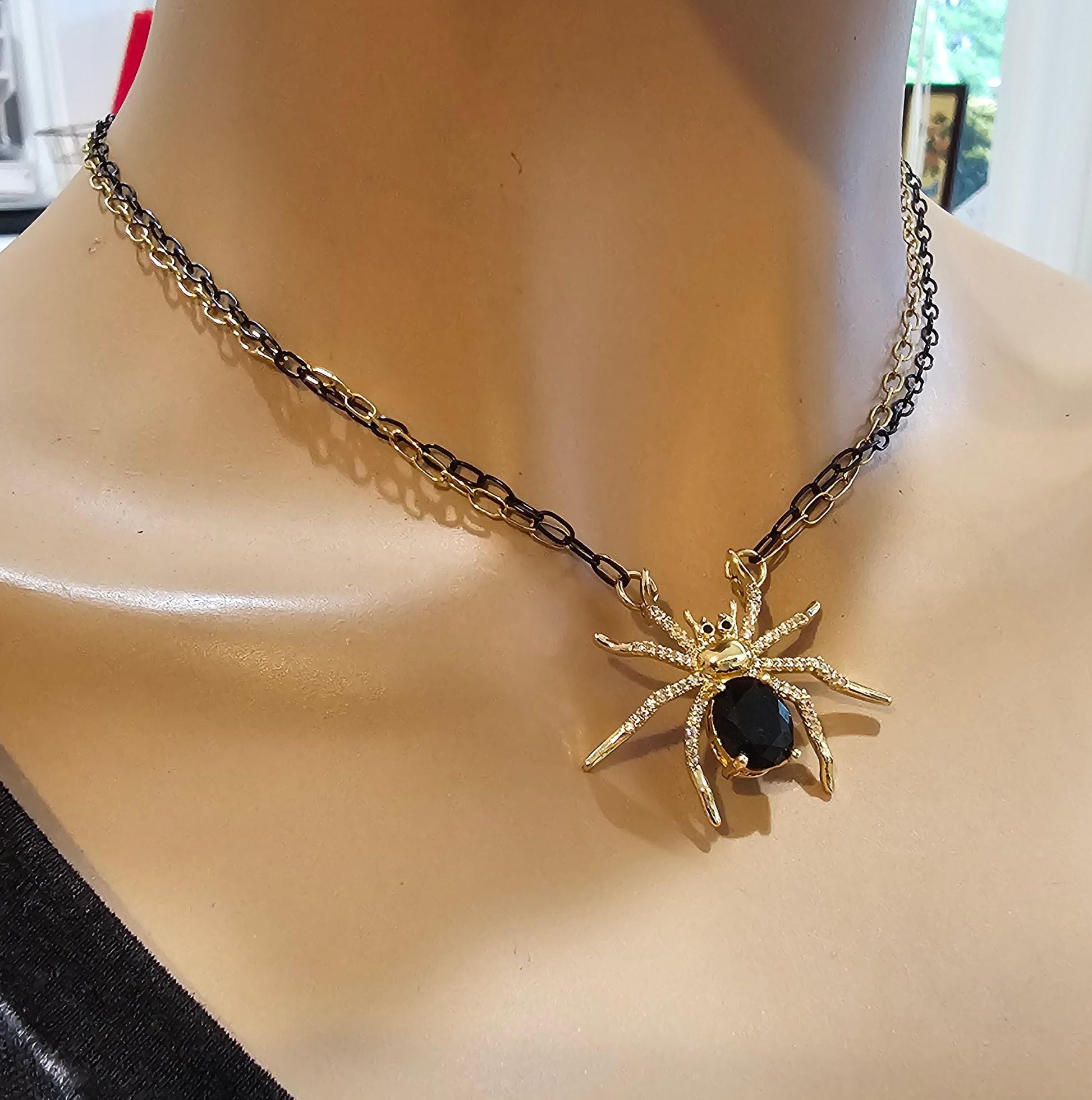 Black & Gold Spider Halloween Cubic Zirconia Goth Witchy Pendant Necklace | handmade Grunge Pagan Witch Aesthetic occult jewelry