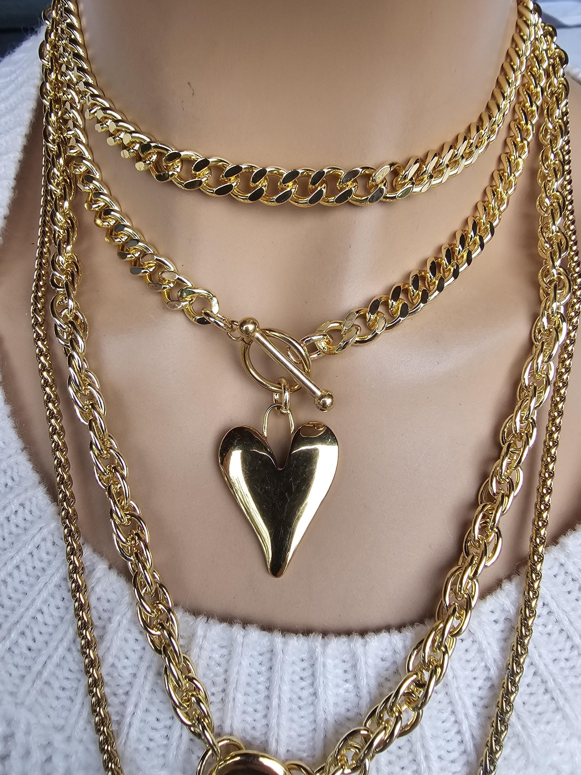 Gold Heart Layered Necklace Set Multi Strand Chunky Choker Collar Statement Jewelry-Handmade aesthetic stacked jewelry gift for her