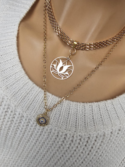 Gold Lotus Evil Eye Layered Necklace Set Multi Strand Chunky Choker Collar Statement Jewelry-Handmade aesthetic stacked jewelry gift for her