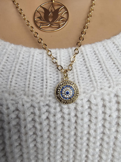 Gold Lotus Evil Eye Layered Necklace Set Multi Strand Chunky Choker Collar Statement Jewelry-Handmade aesthetic stacked jewelry gift for her