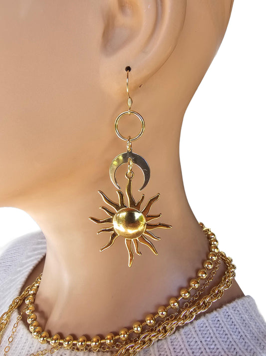 Gold Sun and Moon Crescent Double Horn Earthy Pagan Dangle Earrings, handmade jewelry, witchy gift for her