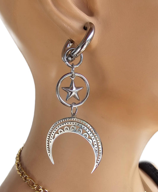 Steel Moon Crescent Stars Dangle Huggie Hoop Earrings PAIR - Pagan Witchy handmade grunge jewelry, punk earrings