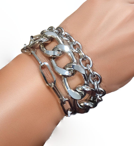 Layered Steel Multi-Strand Chunky Edgy Statement Wrap Goth Bracelet - Adjustable from 6 to 9 inches, great gift for men or women