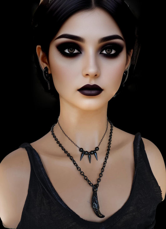 Black Steel Goth Punk Layered Necklace Set with Tusk & Spikes | Dark Academia Aesthetic Halloween Witchy gothic jewelry gift for her