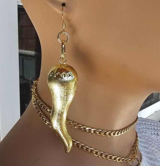 Gold Cornicello Italian Horn Protection Amulet Maximalist Chunky Dangle Earrings Pair, handmade jewelry, witchy gift for her,