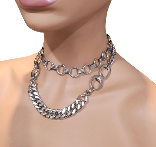 Goth Punk Chunky Heavy Metal Steel Collar Choker Necklace Set - Edgy Grunge Alt Dark Aesthetic Chainmail Jewelry