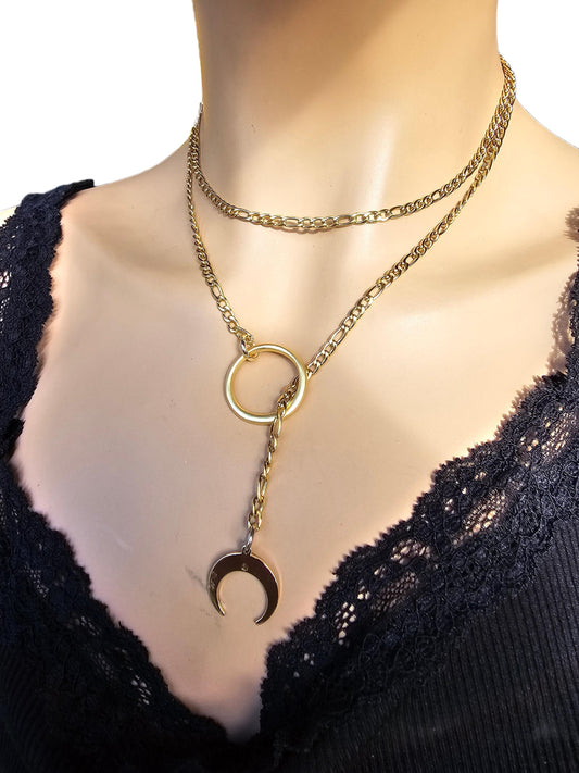 Gold Moon Gothic Lariat Choker Wrap Layer Necklace | Dark Academia and Grunge Pagan Witch Aesthetic statement handmade jewelry gift for her