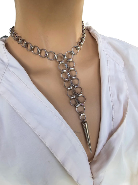 Steel Spike Statement Goth Punk Choker Chainmail Necklace | Dark Academia Aesthetic Vertebral handmade jewelry goth grunge gift for her