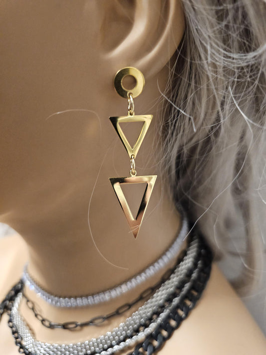 Gold Plated Triangle Geometric Steel Post Dangle Earrings Pair, handmade jewelry, great Christmas gift for girlfriend, wife, mom