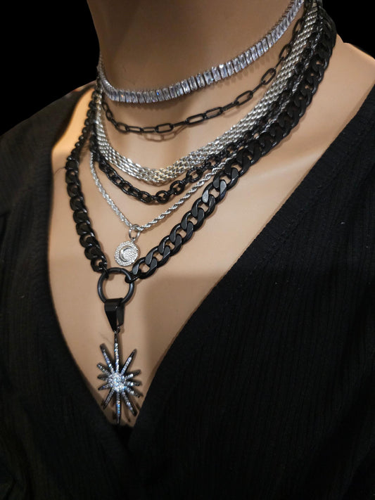 Goth Glam Steel & Rhinestone Chunky Edgy Layered Chain Choker Necklace Set - Adjustable Punk Grunge Glam aesthetic statement jewelry