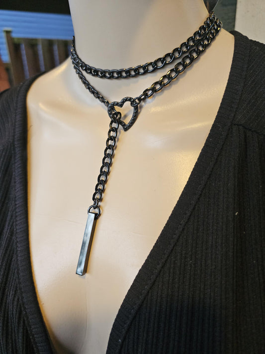 Gothic Slip Chain Black Steel Lariat Choker Wrap Necklace Heart & Bar pendant | Dark Aesthetic statement handmade jewelry, Punk and Goth