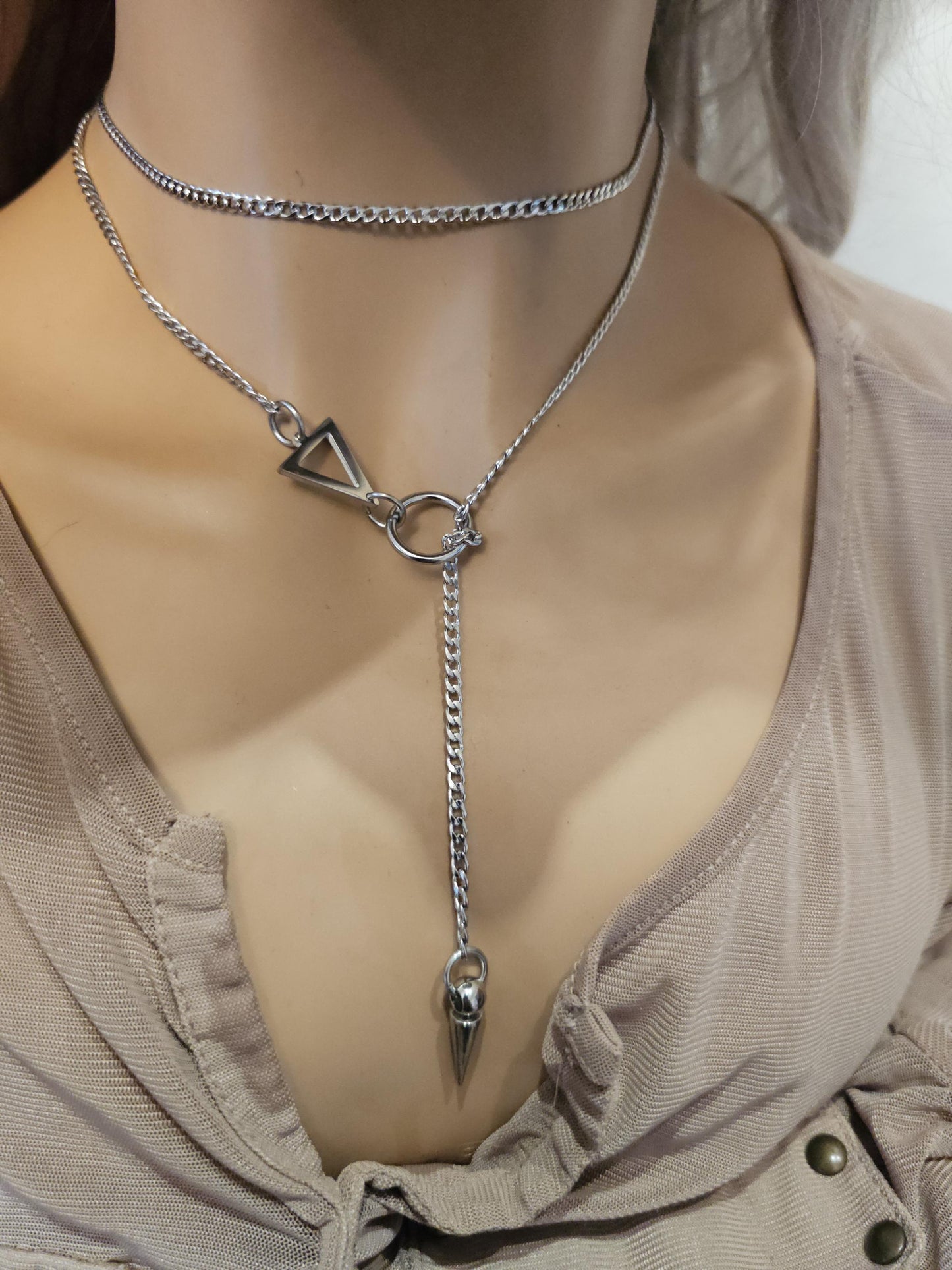 Black Steel Lariat Choker Wrap Necklace with Spike pendant | Dark Academia Aesthetic statement handmade jewelry gift for her, Punk & Gothic