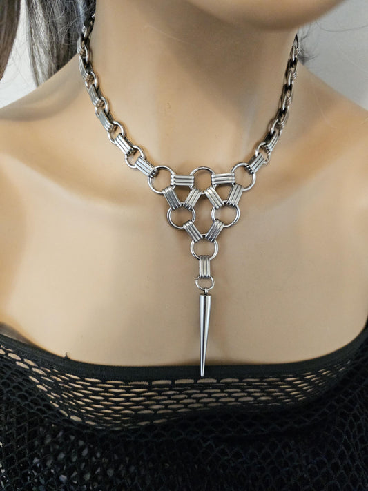 Layered Steel Chainmail & Spike Chunky Chain Gothic Choker Collar Necklace Set - waterproof, Witchy Punk Edgy Aesthetic Jewelry