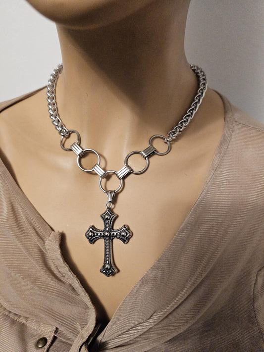 Goth Cross Chainmail Chunky Punk Choker Collar Necklace - Alt Dark Academia Aesthetic, Edgy Grunge Jewelry