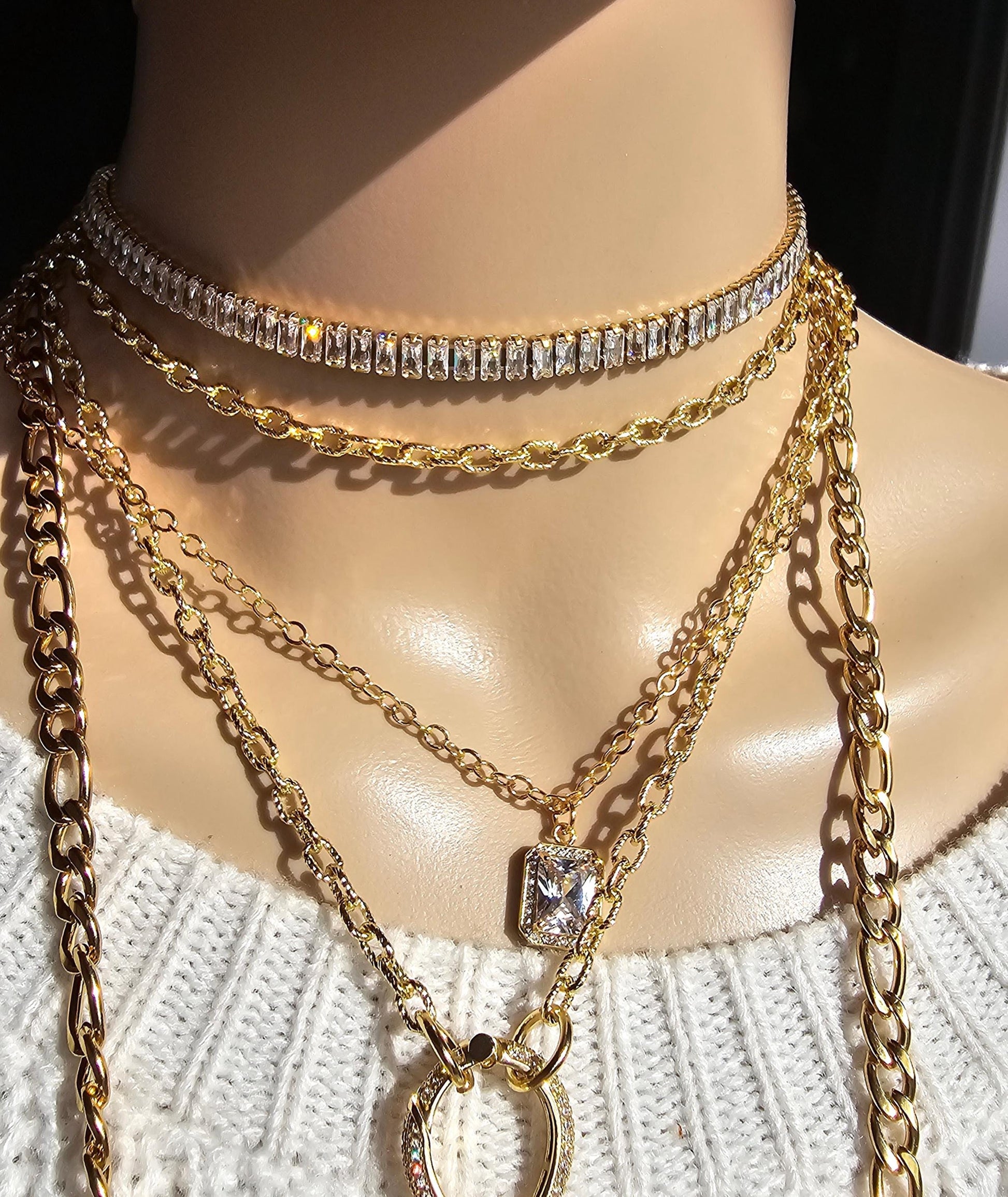 Gold Layered Multi Strand Statement Necklace Set with Cubic Zirconia Lightening Bolt, Evil Eye, Austrian Crystal stacked jewelry gift