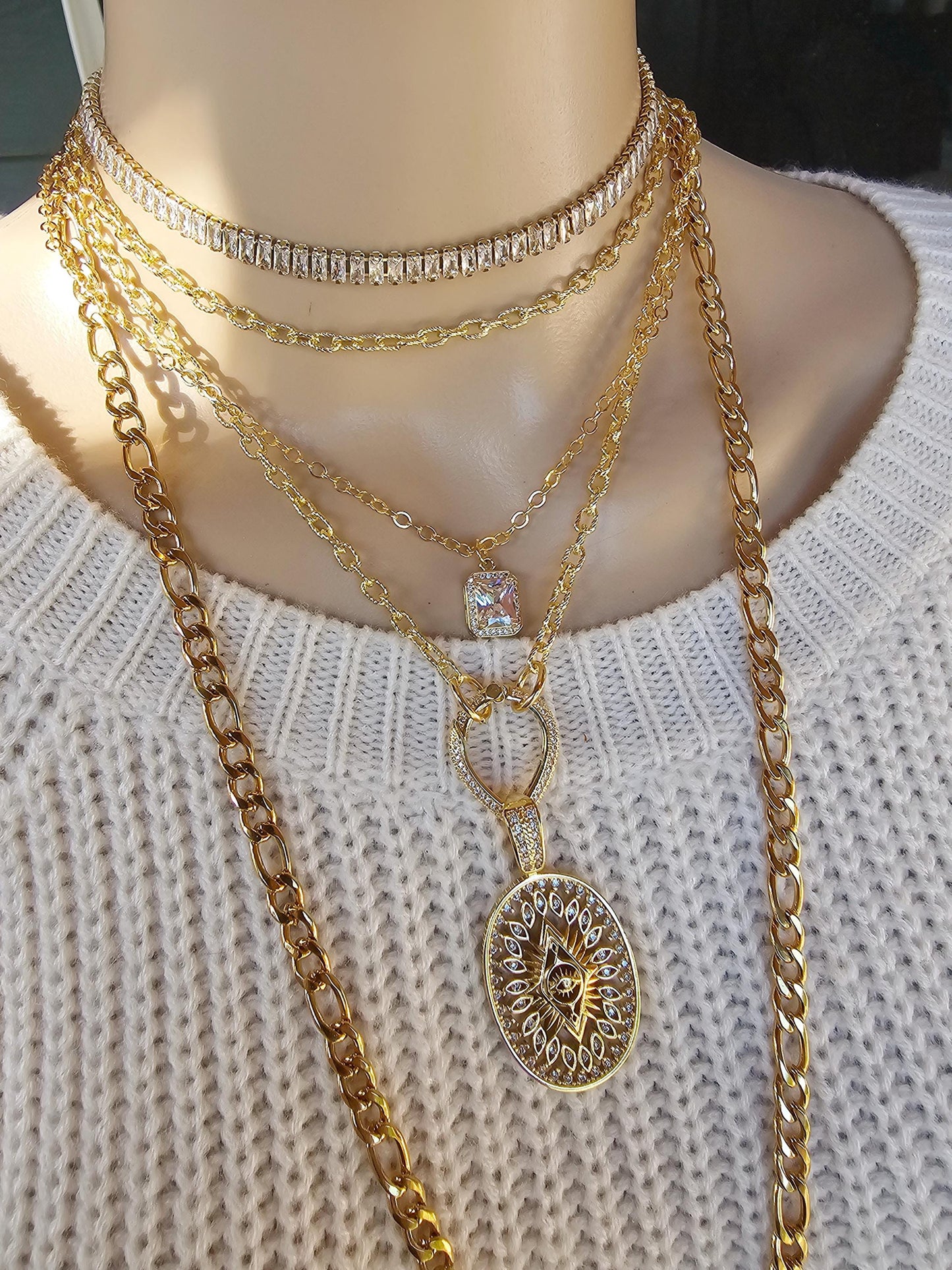 Gold Layered Multi Strand Statement Necklace Set with Cubic Zirconia Lightening Bolt, Evil Eye, Austrian Crystal stacked jewelry gift