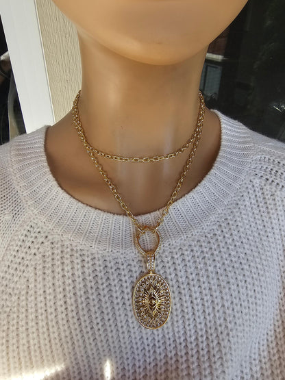 Gold Layered Multi Strand Statement Necklace Set with Cubic Zirconia Lightening Bolt, Evil Eye, Austrian Crystal stacked jewelry gift