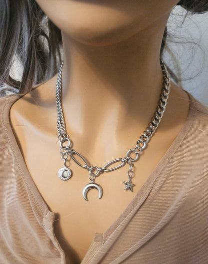 Steel Celestial Witchy Pagan Punk Moon Star Collar Choker Necklace  |  Witch Aesthetic statement necklace gift for her