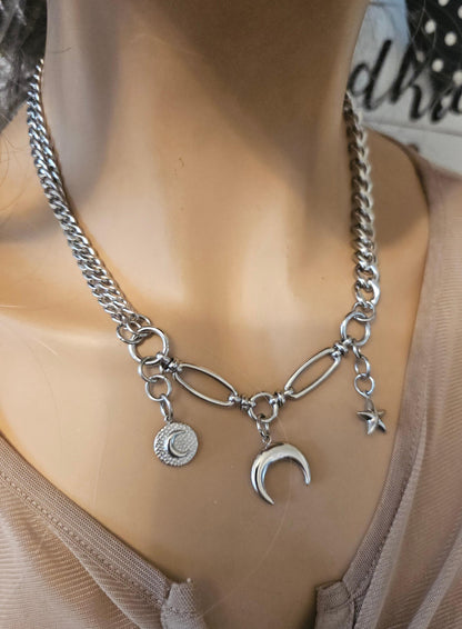 Steel Celestial Witchy Pagan Punk Moon Star Collar Choker Necklace  |  Witch Aesthetic statement necklace gift for her