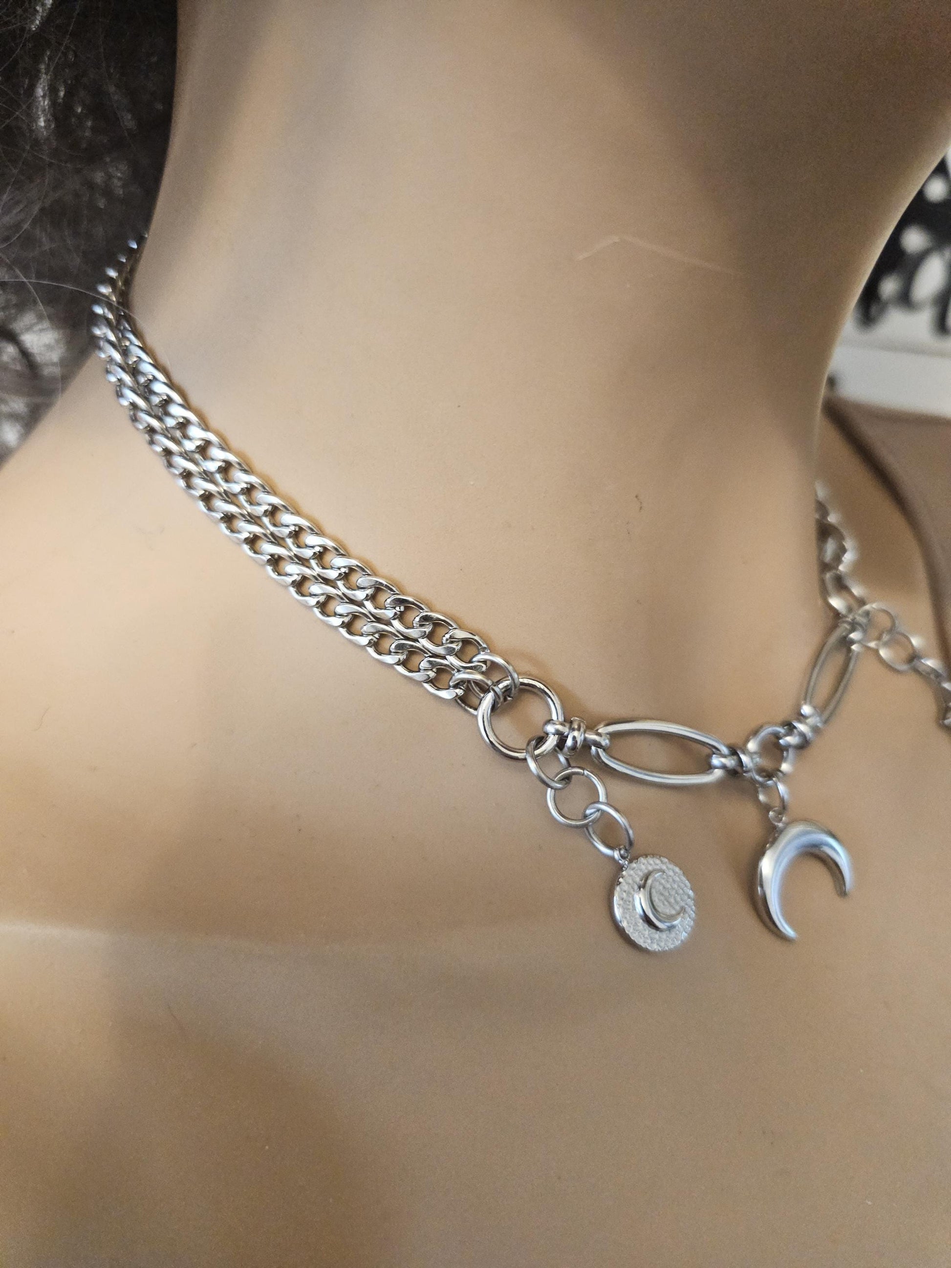 Steel Celestial Witchy Pagan Punk Moon Star Collar Choker Necklace  |  Witch Aesthetic statement necklace gift for her