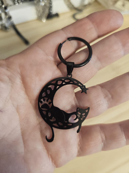 Goth Cat Moon Black Steel Huggie Hoop Punk Dangle Earrings, handmade Gothic grunge witchy pagan jewelry