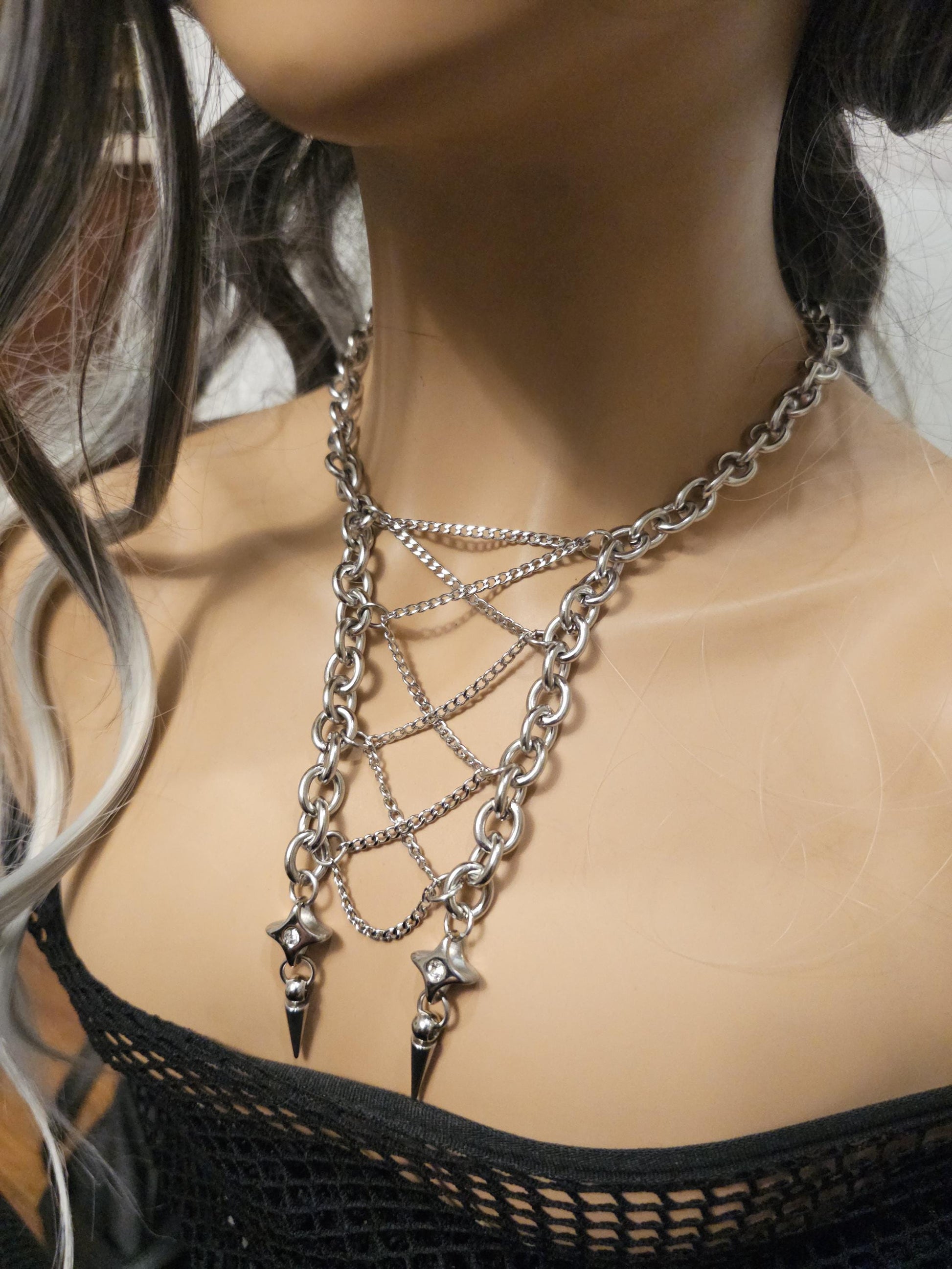 Steel Gothic Punk Collar Choker Layered Necklace Set | A great handmade alt aesthetic statement necklace gift for her