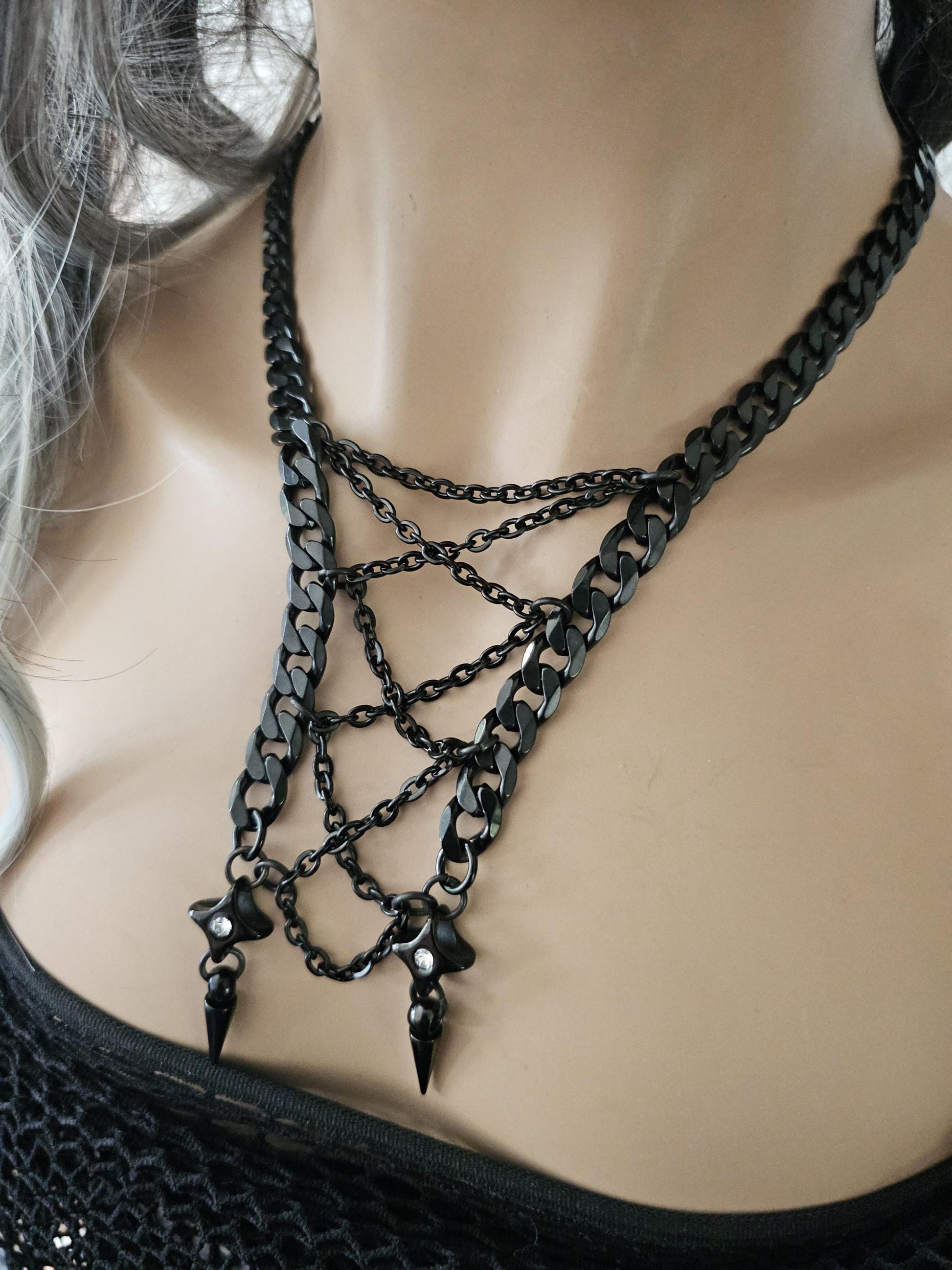 Black Steel Gothic Punk Collar Choker Corset Necklace | A great handmade alt aesthetic statement necklace gift for her