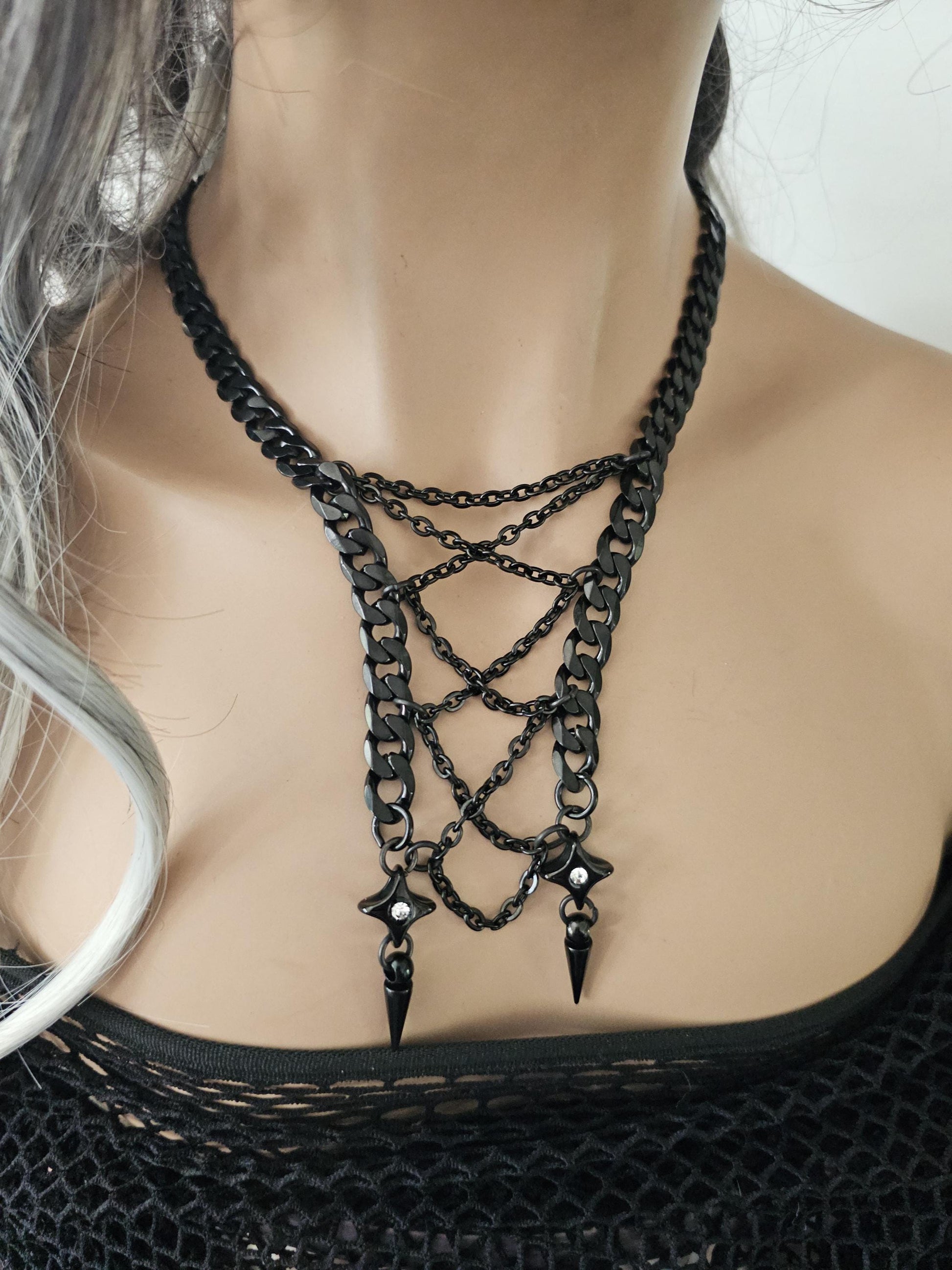 Black Steel Gothic Punk Collar Choker Corset Necklace | A great handmade alt aesthetic statement necklace gift for her